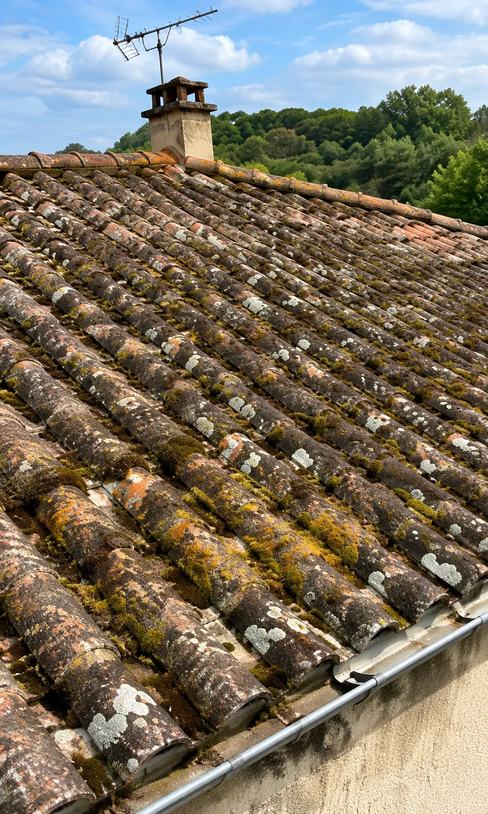 Démoussage de toiture en tuiles, avant les travaux